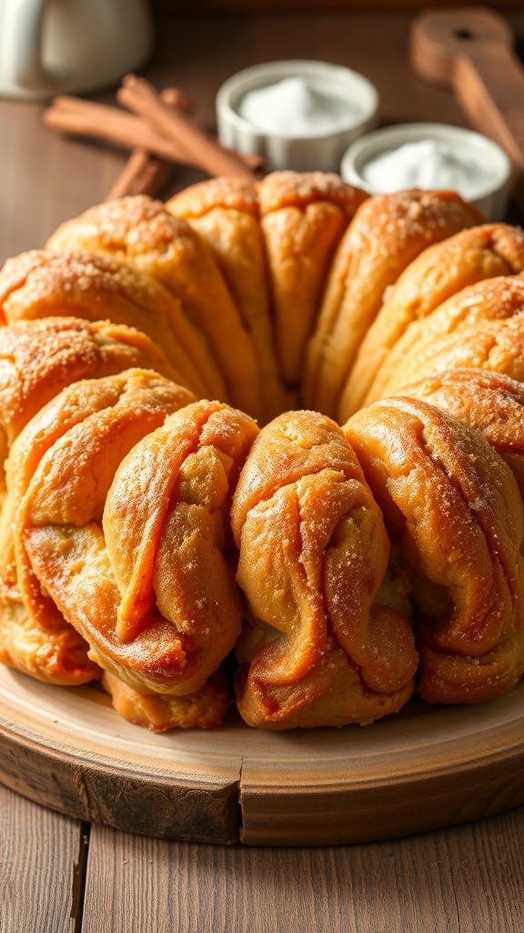 A golden-brown monkey bread with cinnamon-sugar coating, served on a wooden table.